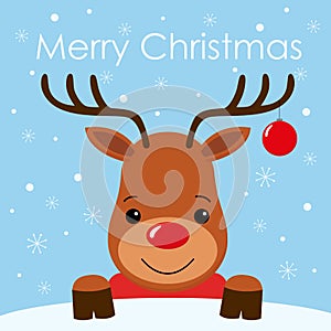 Cute cartoon deer face with horn Merry christmas background card Flat design