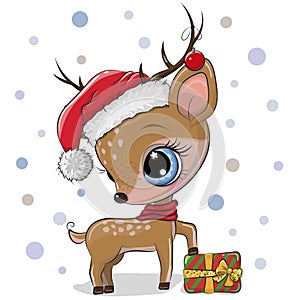 Cute cartoon Deer with gift in a Santa hat