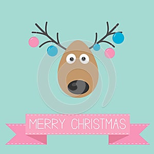 Cute cartoon deer with hanging christmas ball toys on horns Merry christmas background card Flat design