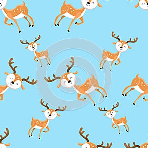 Cute cartoon deer seamless pattern on blue background