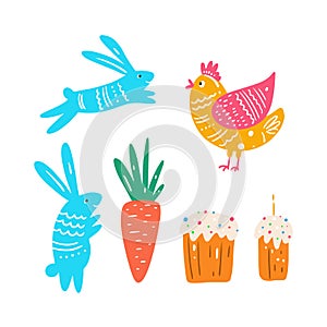 Cute cartoon design elements for the Easter holiday. Isolated on white background