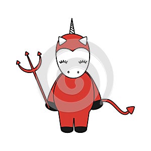Cute cartoon devil unicorn halloween vector illustration isolated on white background