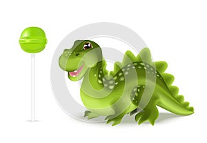 Cute cartoon dinosaur dragon character with green lollypop. Vector illustration.