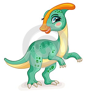 Cute cartoon dinosaur green parasaurolophus vector illustration