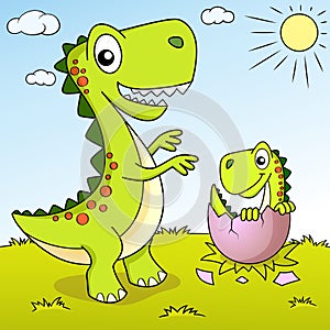 Cute cartoon dinosaur and his nest with little dino