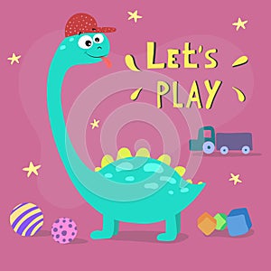 Cute cartoon dinosaur. Let`s play. Hand drawn vector illustration.