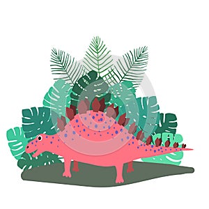 Cute, cartoon dinosaur stegosaurus on the background of bushes of tropical palm leaves. Vector illustration