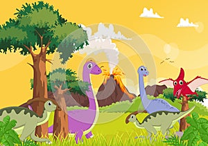 Cute cartoon dinosaur with volcano background