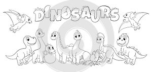 Cute cartoon dinosaurs group, line dinos family and dinosaur lettering. Coloring childish fancy picture, funny vector