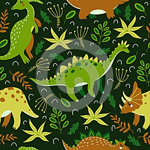 Cute cartoon dinosaurs seamless vector pattern. Colorful reptiles walk and eat grass in the rainforest. Animals on a dark