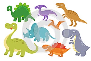 Cute cartoon dinosaurs vector clip art. Funny dino chatacters for baby collection