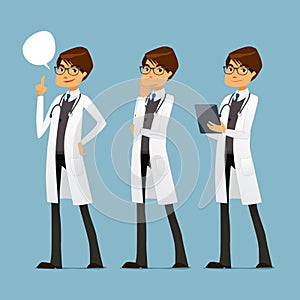 Cute cartoon doctor with glasses, in various poses