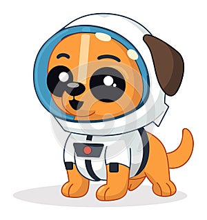 Cute cartoon dog in astronaut costume looking playful. Adorable canine dressed for space adventure. Pets imagination and