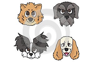 Cute cartoon dog breed set vector. Pedigree kennel spitz, papillon and schnauzer for dog lovers. Purebred cocker spaniel