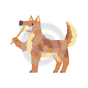 Cute cartoon dog brushing teeth with tooth brush and paste colorful character, pet grooming vector Illustration