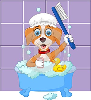 Cute cartoon dog having bath