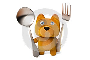 A cute cartoon dog holding a fork and spoon 3D rendering