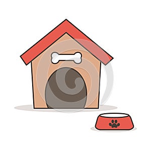 Cute cartoon dog house with dog food bowl vector illustration isolated on white background