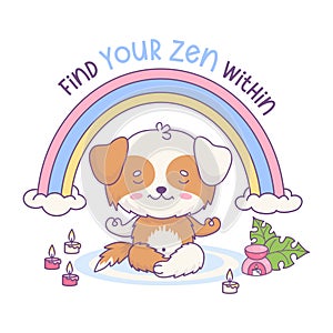 Cute cartoon dog meditating under rainbow with candles, aroma lamp and plant. Funny kawaii character animal. Vector