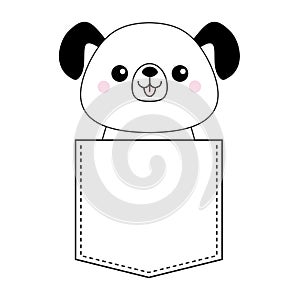 Cute cartoon dog in the pocket. Doodle contour linear sketch. Puppy pooch character. Funny pet animal. Dash line. White and black