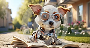 Cute cartoon dog reading book glasses the street