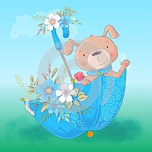 Cute cartoon dog in an umbrella with flowers, postcard print poster for a child s room.