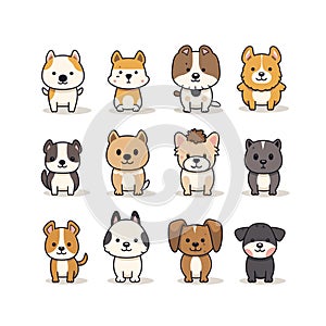 Cute cartoon dogs set isolated white background. Various adorable puppy breeds, smiling, standing