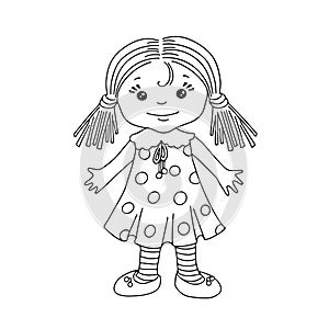 Cute cartoon doll or little girl for coloring page or book. Chilren toy concept. Black and white illustration