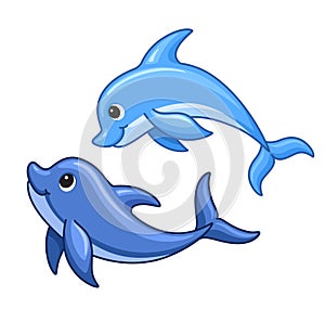 Cute cartoon dolphins swimmng. Children vector illustration. Dolphins isolated on white background