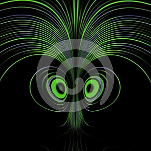 cute cartoon doodle face in green black background circular and curved traces