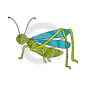 Cute cartoon doodle happy Grasshopper isolated