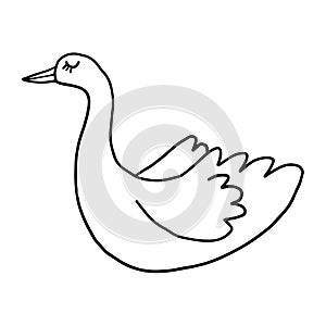 Cute cartoon doodle happy swan in childlike style isolated