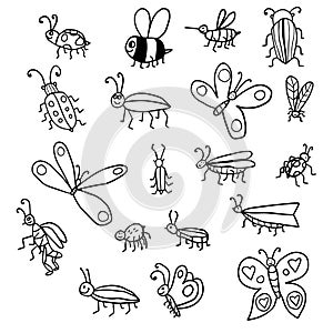 Cute cartoon doodle linear midge, fly, bug, butterfly, bee