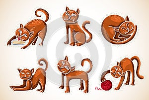 Cute cartoon doodle red cat vector illustrations set.
