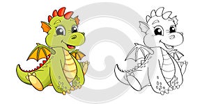 Cute cartoon dragon. Color and black/white illustration for coloring book