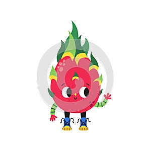 Cute cartoon dragon fruit pitaya illustration on a white background