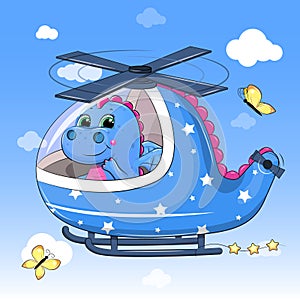 Cute cartoon dragon in a helicopter. photo