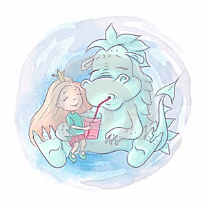 Cute cartoon dragon and princess girl are best friends. Watercolor illustration