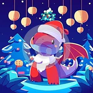 Cute cartoon dragon in Santa Claus hat and scarf. Vector illustration AI Generated