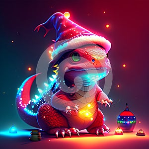 Cute cartoon dragon in Santa Claus hat. Vector illustration on a dark background. AI Generated