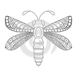 Cute cartoon dragonfly with ornament. Design for coloring page