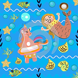 Cute cartoon drawing of a mermaid playing with unicorn