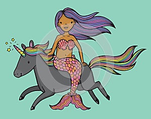 Cute cartoon drawing of a mermaid riding a unicorn