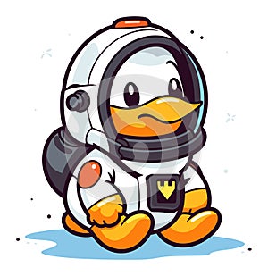 Cute cartoon duck in astronaut suit with helmet. Adorable space explorer duckling in white gear. Animal astronaut