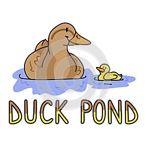 Cute cartoon duck and duckling with text vector clipart. Wildlife animal waterfowl for nature lovers. Stylized fun kids photo