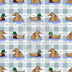 Cute cartoon duck and mallard pond seamless vector pattern. Wildlife animal waterfowl for nature lovers illustration