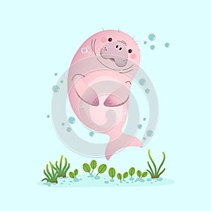 Cute cartoon dugong swimming underwater with seagrass photo
