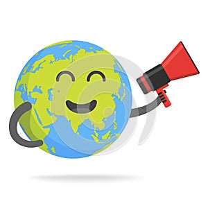 Cute cartoon earth character. World map globe with smiley face and hands vector illustration