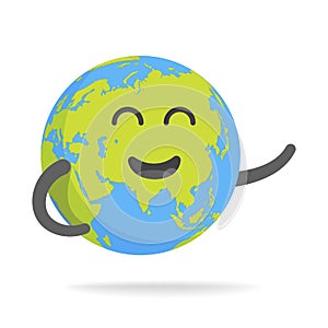 Cute cartoon earth character. World map globe with smiley face and hands vector illustration