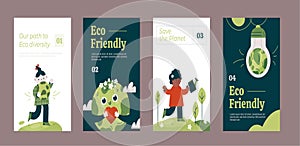 Cute Cartoon Earth ecology banners set, concept with children, save Planet poster square design for nursery, school